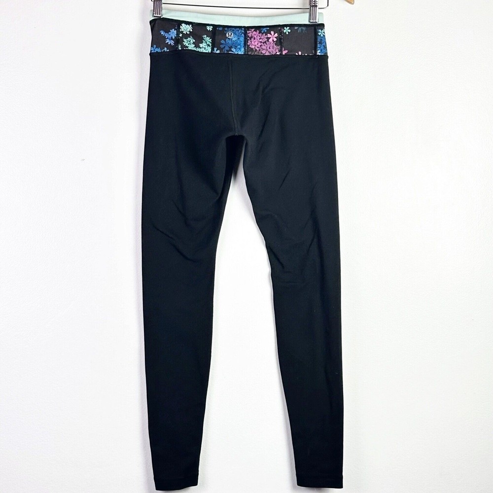 Lululemon Women's Mid Rise Black Floral Quilted Pants 29" Luon Leggings Size 6